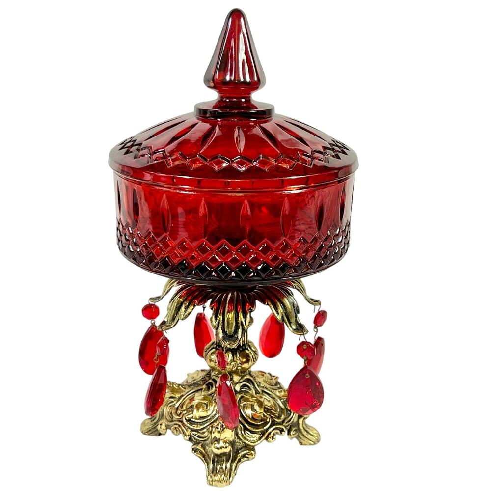Vintage Hollywood Regency Ruby Red Glass Pedestal Lid Candy Dish Crystal Prisms